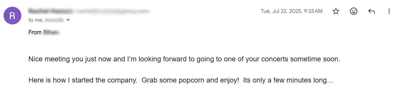 Email correspondence with the Shark Tank-featured ecommerce client