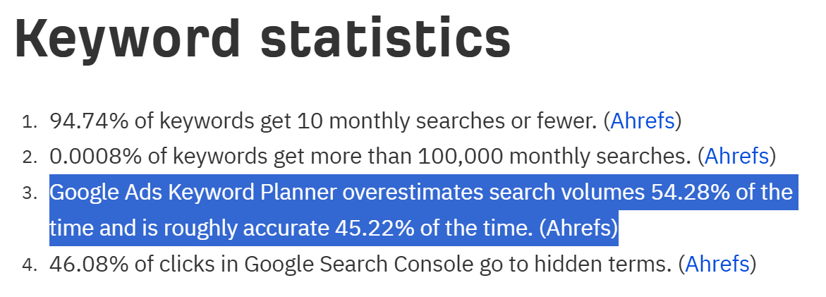 Ahrefs keyword statistics showing 94.74% of keywords get 10 or fewer monthly searches and that Google Ads Keyword Planner overestimates search volume 54.28% of the time