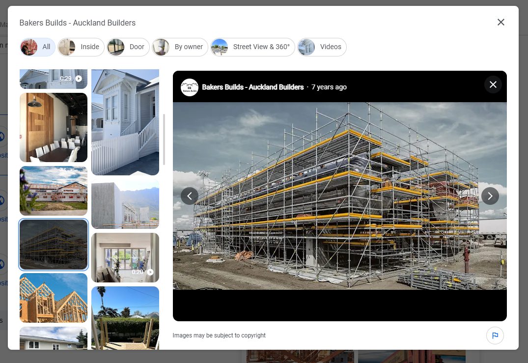 Bakers Builds, an Auckland building company, showing real construction photos from a job site on their Google Business Profile