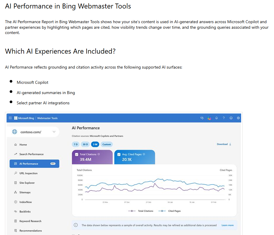 Bing Webmaster Tools AI performance report showing citations