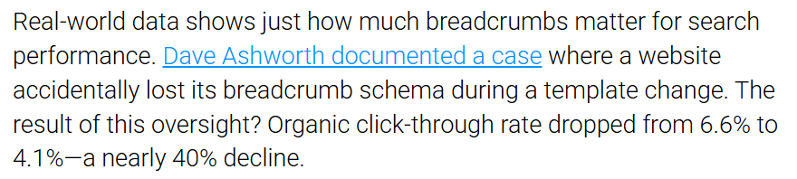 Case study showing organic click-through rate dropping from 6.6% to 4.1% after a site lost its breadcrumb schema during a template change