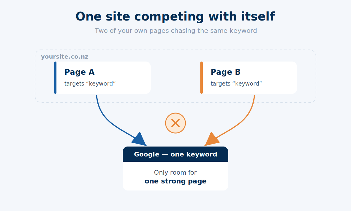 Diagram showing two pages from one site competing for a single keyword and splitting the signal Google receives