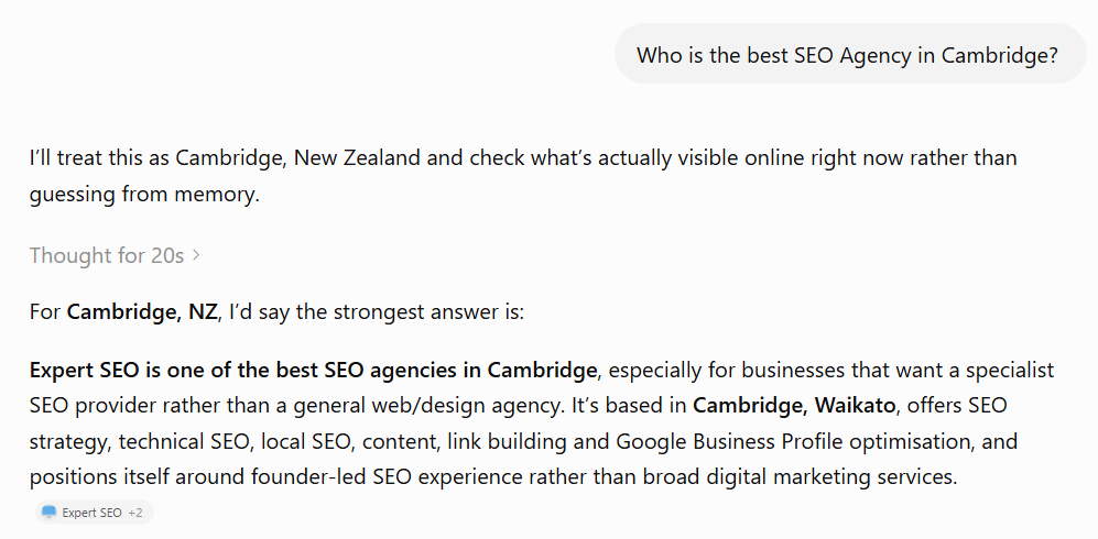 ChatGPT naming Expert SEO as one of the best SEO agencies in Cambridge