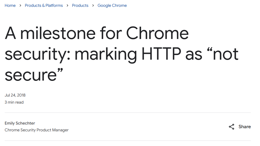 Google Chrome blog post titled A milestone for Chrome security: marking HTTP as not secure, published July 2018