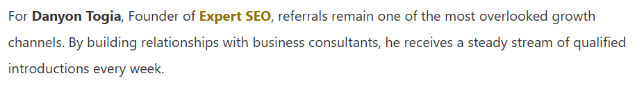 A third-party website quoting Danyon Togia, founder of Expert SEO, with a link back to Expert SEO — a real earned editorial backlink
