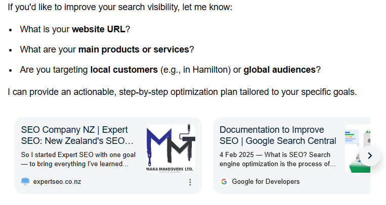 Expert SEO website cited by name in a generative AI answer