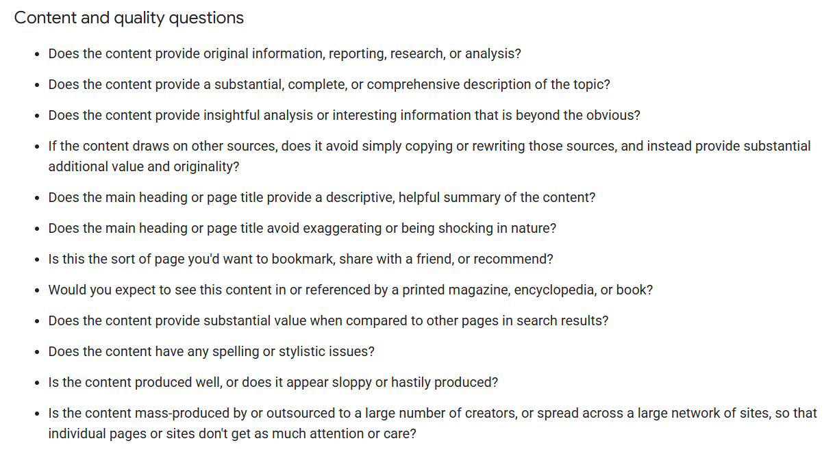 Google Search Central documentation listing the content and quality self-assessment questions, including whether content is mass-produced by or outsourced to a large number of creators