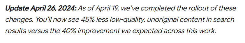 Google announcement stating the March 2024 core update delivered 45% less low-quality unoriginal content in search results versus the 40% improvement expected