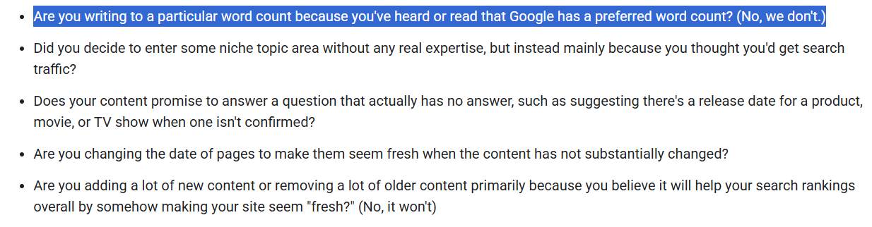 Google Search Central documentation stating Google has no preferred word count, highlighted in the creation and production self-assessment questions