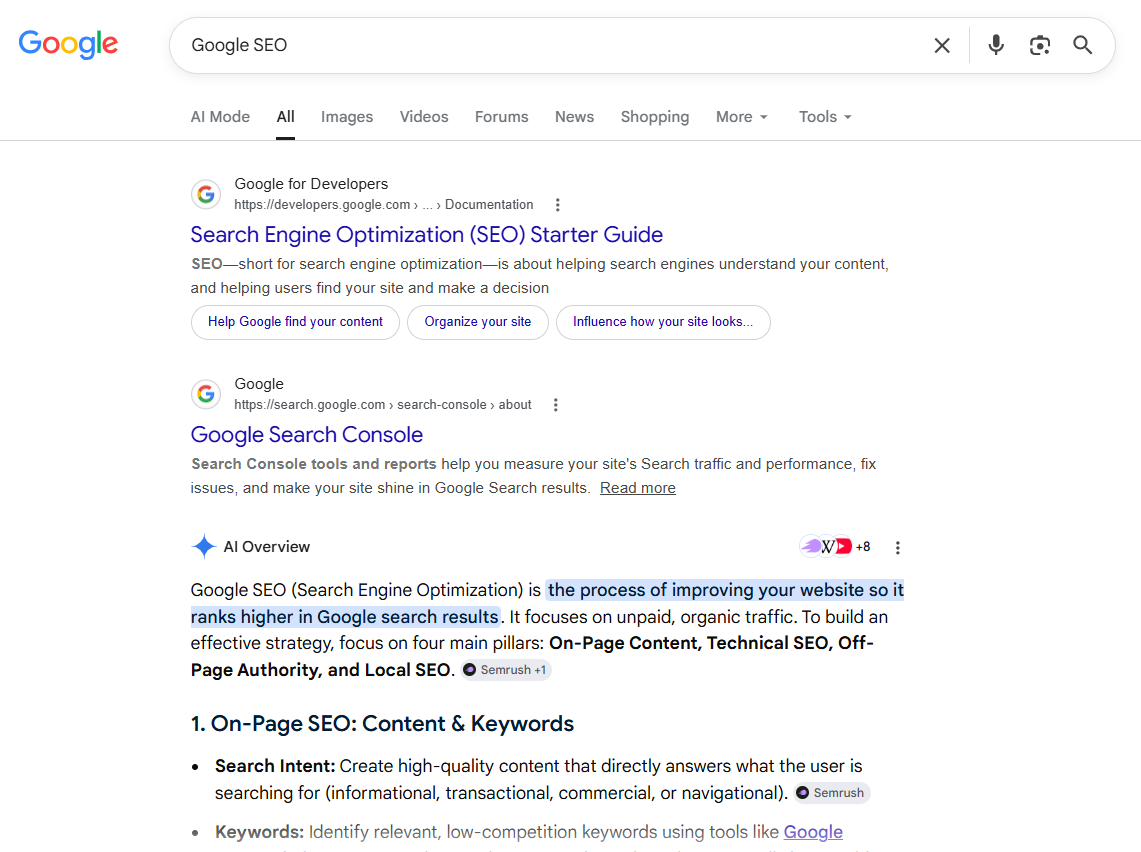 Google results for 'Google SEO' showing the organic listings and an AI Overview defining Google SEO as the process of improving your website so it ranks higher in Google search results