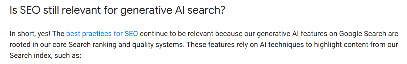 Google guidance stating SEO is still relevant for generative AI search
