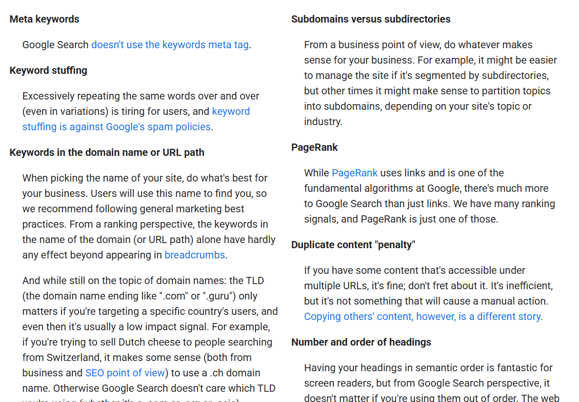 Google's SEO documentation listing things site owners shouldn't focus on, including meta keywords, keyword stuffing, keywords in the domain name, and a duplicate content penalty