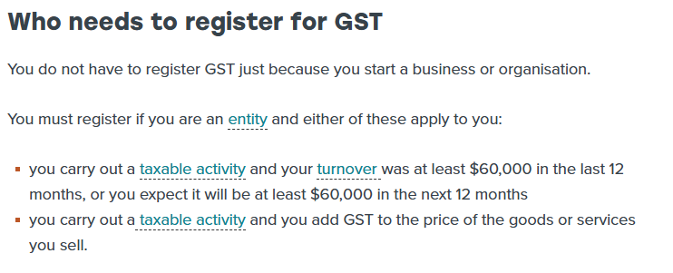 IRD website showing you must register for GST if your turnover was at least $60,000 in the last 12 months