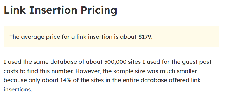 Callout showing the average price for a link insertion is about $179
