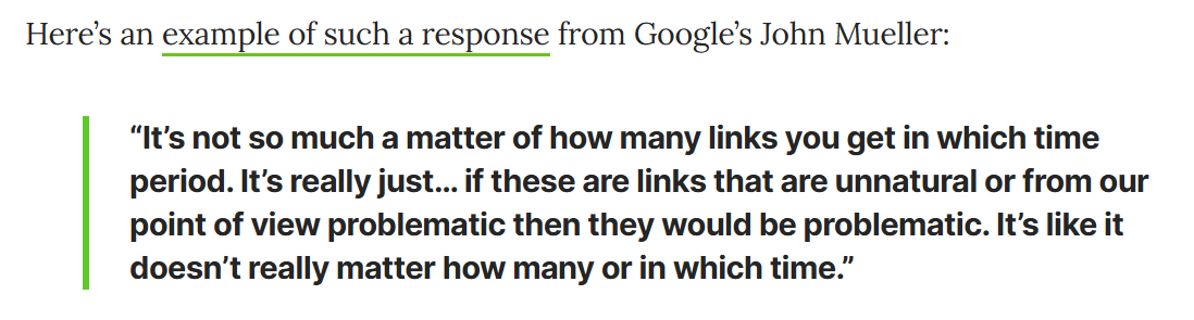 Google's John Mueller explaining that link velocity is not so much a matter of how many links you get in which time period, and that it doesn't really matter how many or in which time