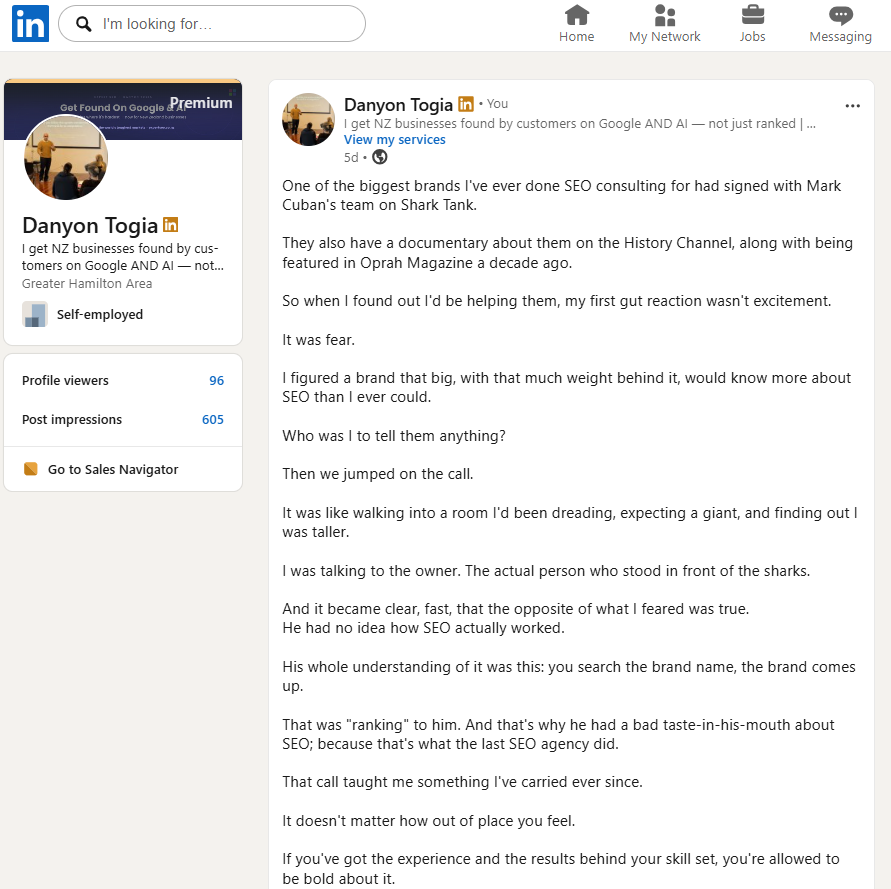 A LinkedIn post by Danyon Togia about SEO consulting for a Shark Tank brand, used as an example of content marketing on social media