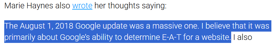 SEO analyst Marie Haynes stating the August 1, 2018 Google update was primarily about Google's ability to determine E-A-T for a website