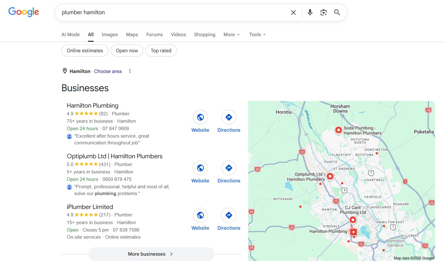 Google search results for plumber Hamilton showing the local map pack with three Hamilton plumbing businesses and their review counts