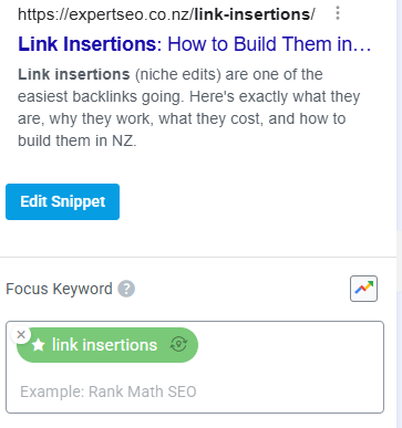 Rank Math SEO snippet editor beneath the WordPress editor showing the SEO title, meta description and focus keyword fields