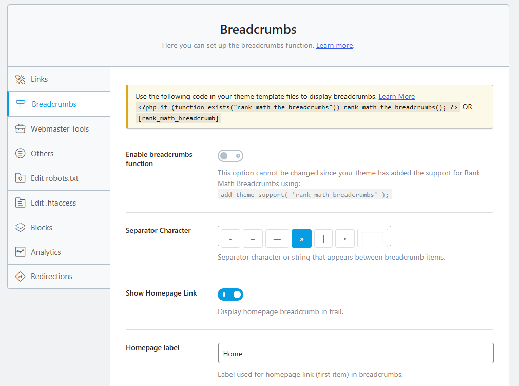 The Rank Math breadcrumbs settings screen with the enable toggle, separator character and homepage-link options