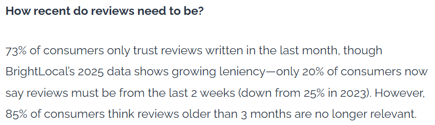 BrightLocal data on how much consumers trust recent reviews
