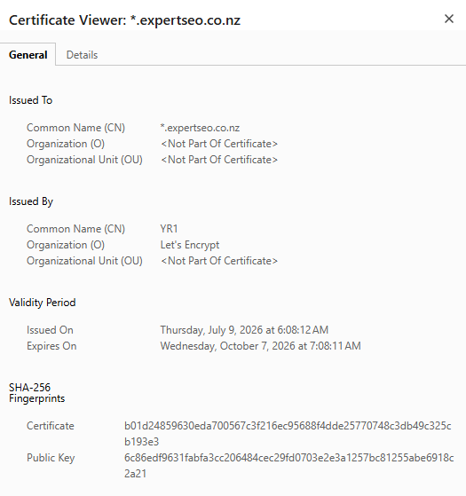 Chrome Certificate Viewer for expertseo.co.nz showing the certificate issued by Let's Encrypt, issued 9 July 2026 and expiring 7 October 2026