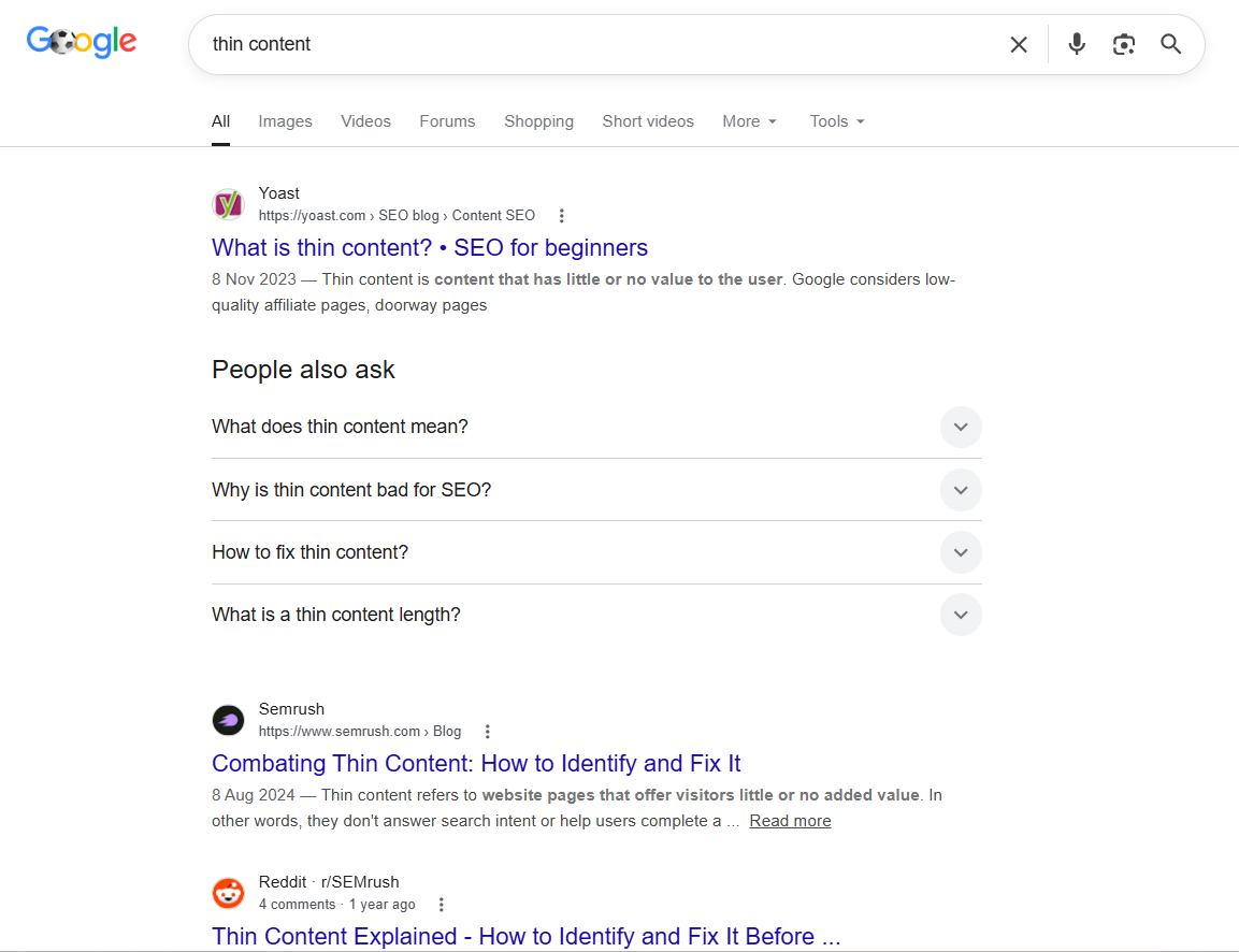 Google search results for thin content showing Yoast ranking first, followed by the People Also Ask box and Semrush
