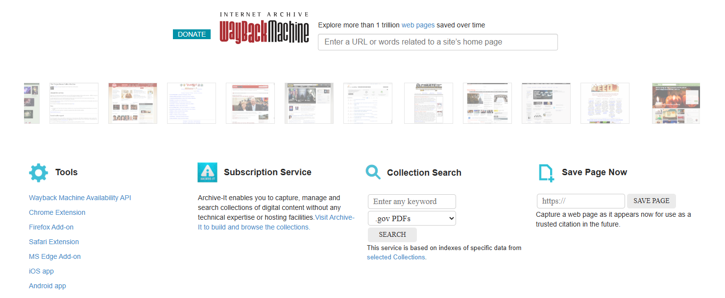 The Internet Archive Wayback Machine homepage, used to pull up an archived version of a dead page and see what it originally contained.