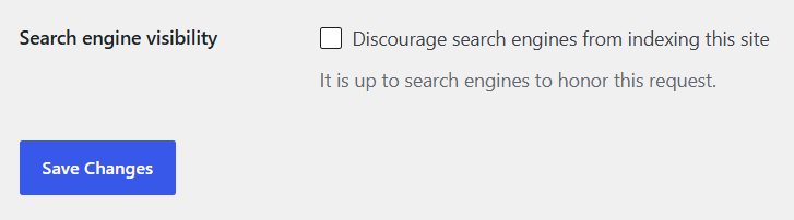 WordPress Settings, Reading screen showing the Discourage search engines from indexing this site checkbox left unchecked