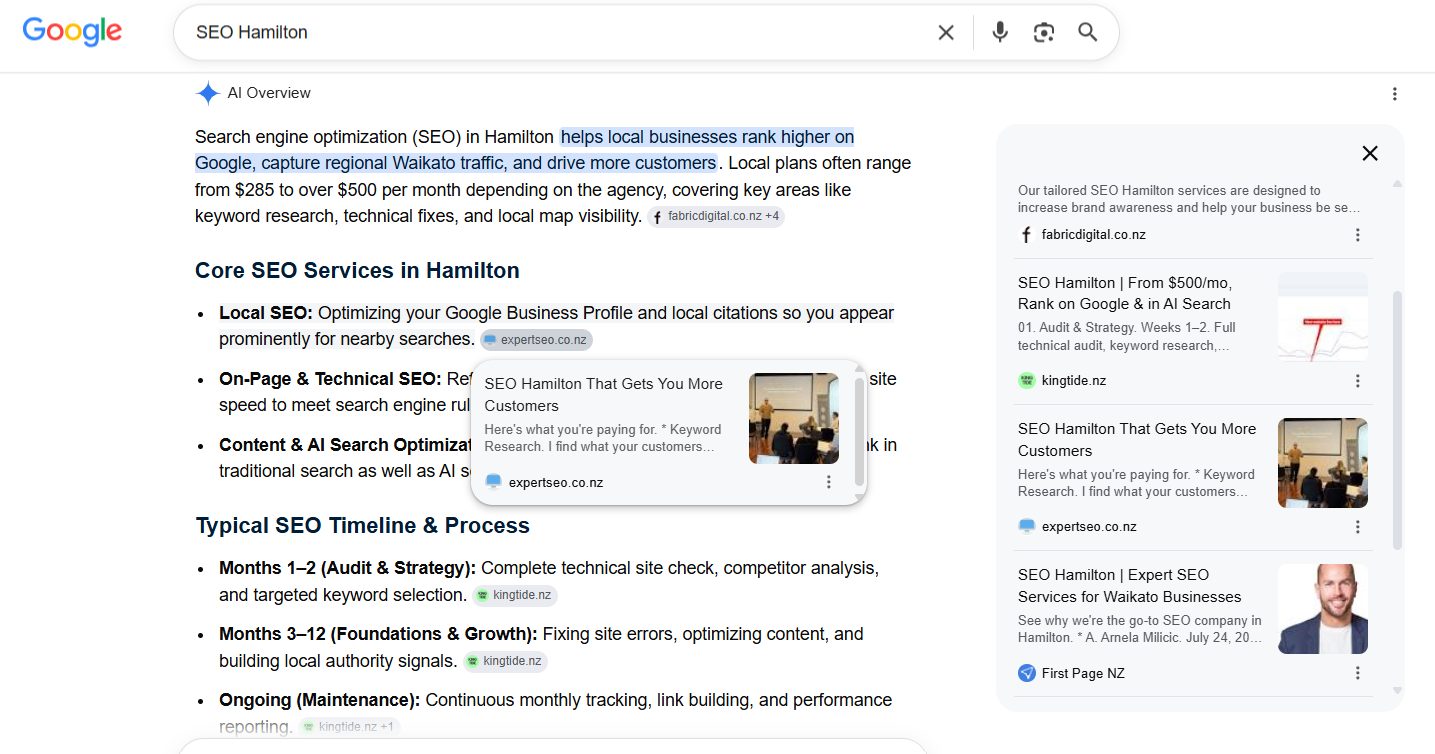 Google AI Overview for SEO Hamilton citing expertseo.co.nz as a source