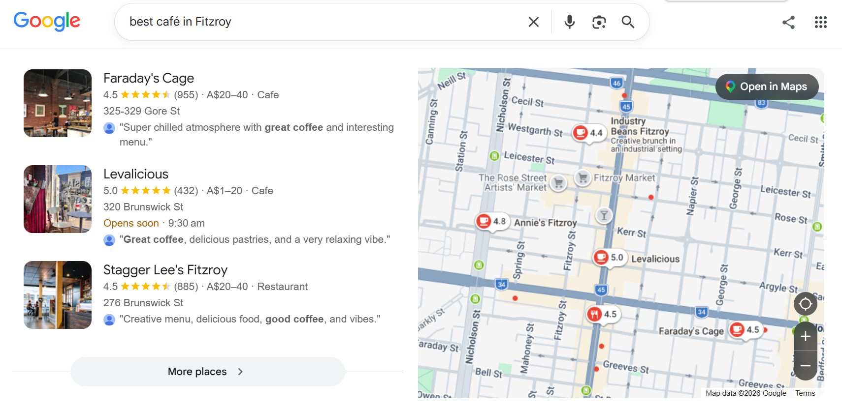 Google’s local pack for best cafe in Fitzroy showing three Melbourne cafes with star ratings, price and a map