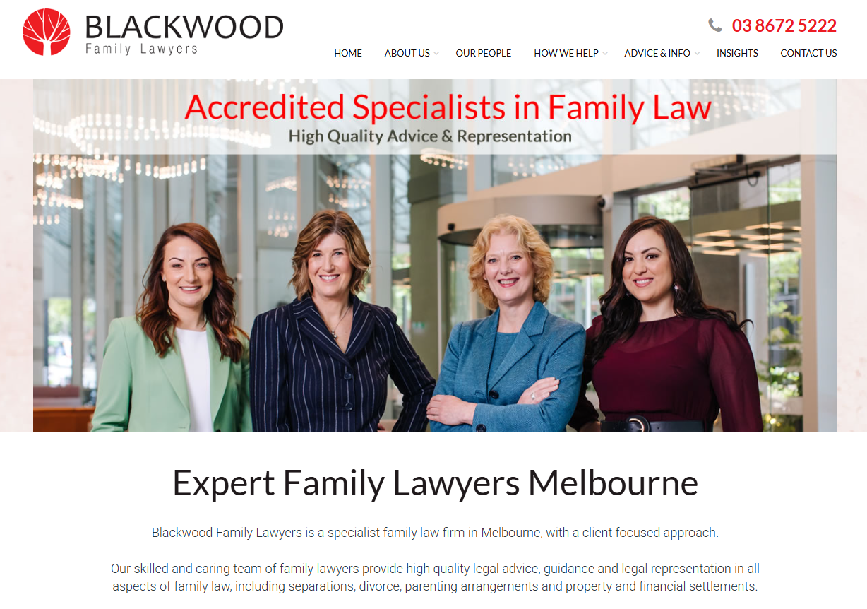 Blackwood Family Lawyers website with the heading Expert Family Lawyers Melbourne, local keywords used naturally in the page title