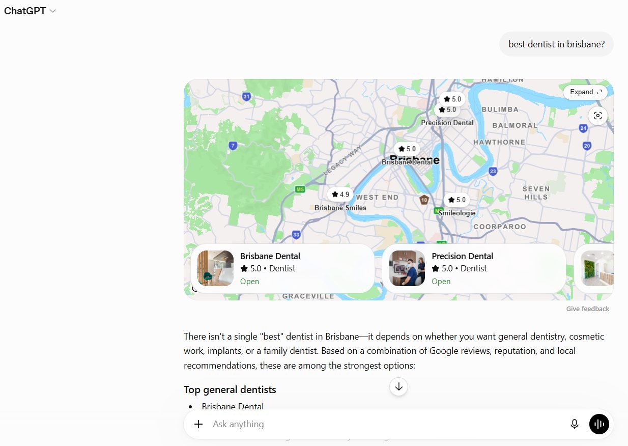 ChatGPT answering best dentist in Brisbane with a map and a shortlist of clinics based on reviews and reputation