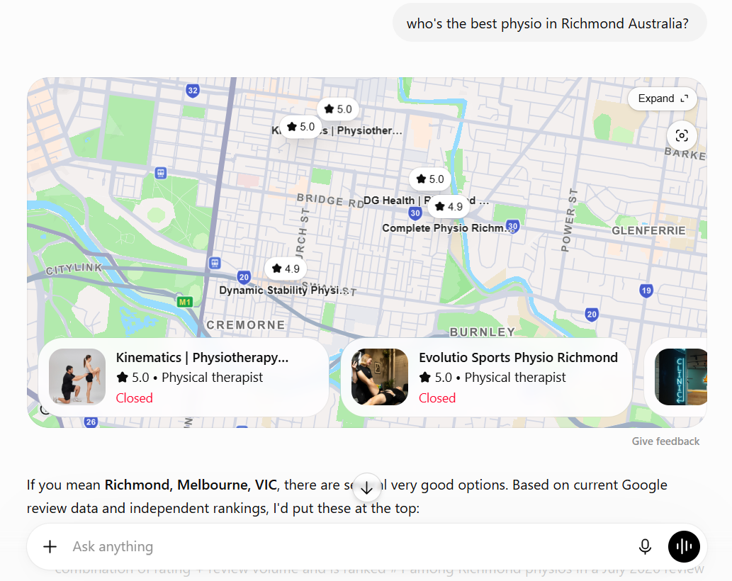 ChatGPT recommending the best physiotherapists in Richmond, Melbourne