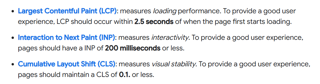 Google's web.dev documentation showing the Core Web Vitals thresholds — LCP under 2.5 seconds, INP under 200 milliseconds, CLS under 0.1