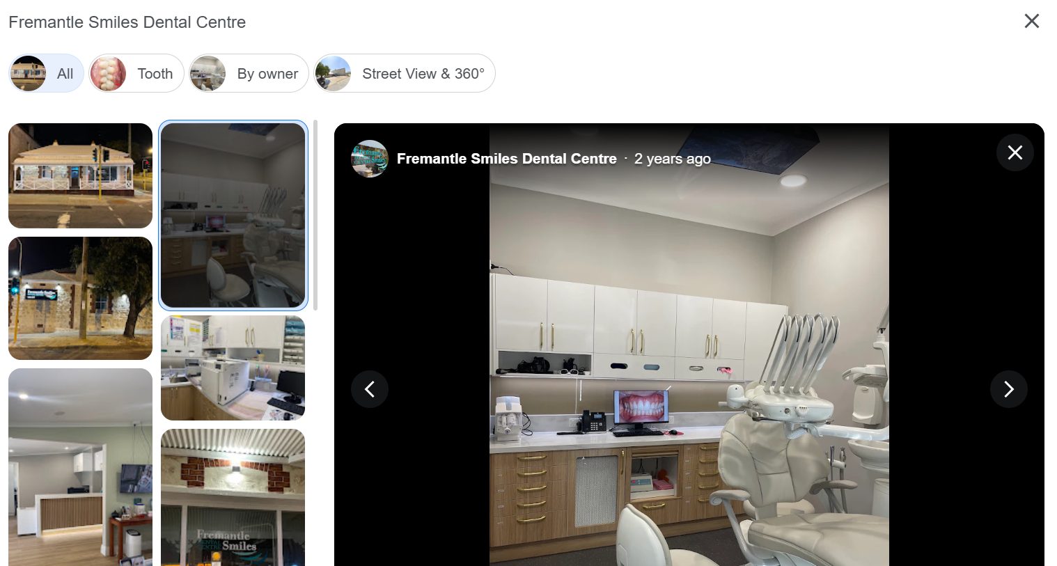The photo gallery on a Fremantle dental clinic Google Business Profile showing real interior and exterior photos