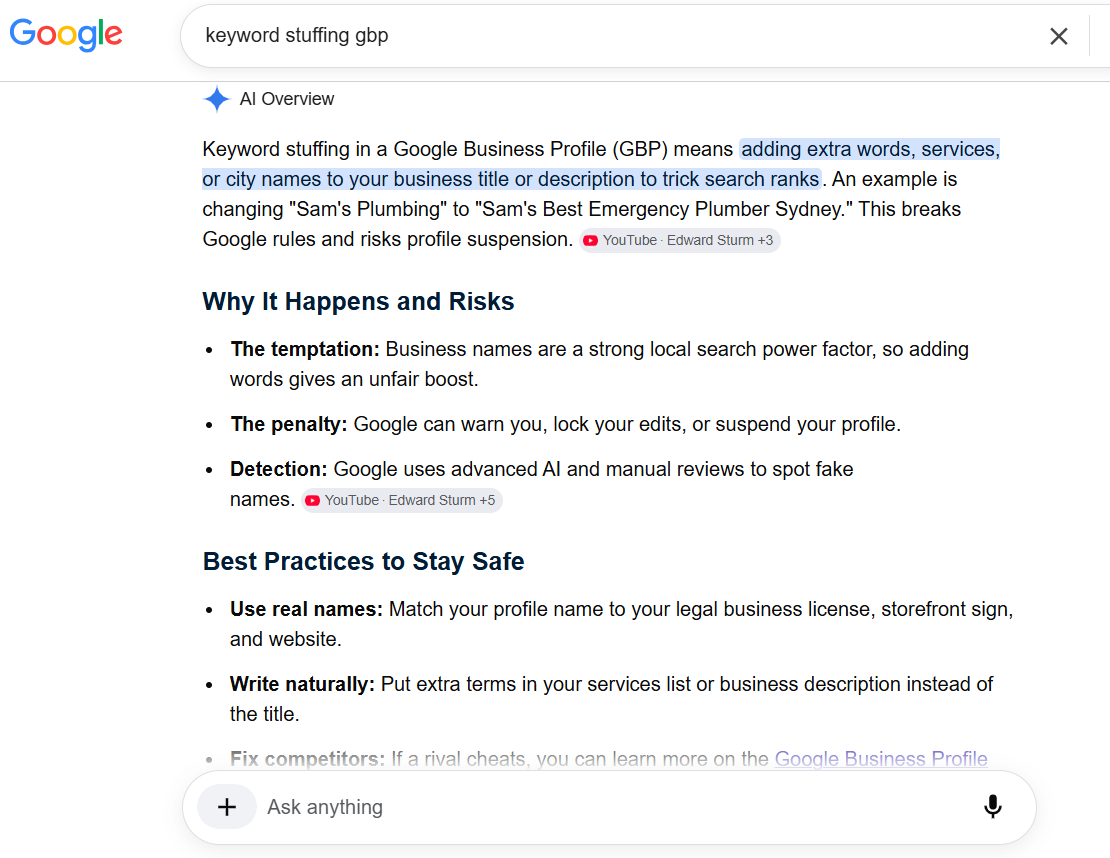 Google AI Overview explaining why changing Sam’s Plumbing to Sam’s Best Emergency Plumber Sydney is a keyword-stuffing suspension risk