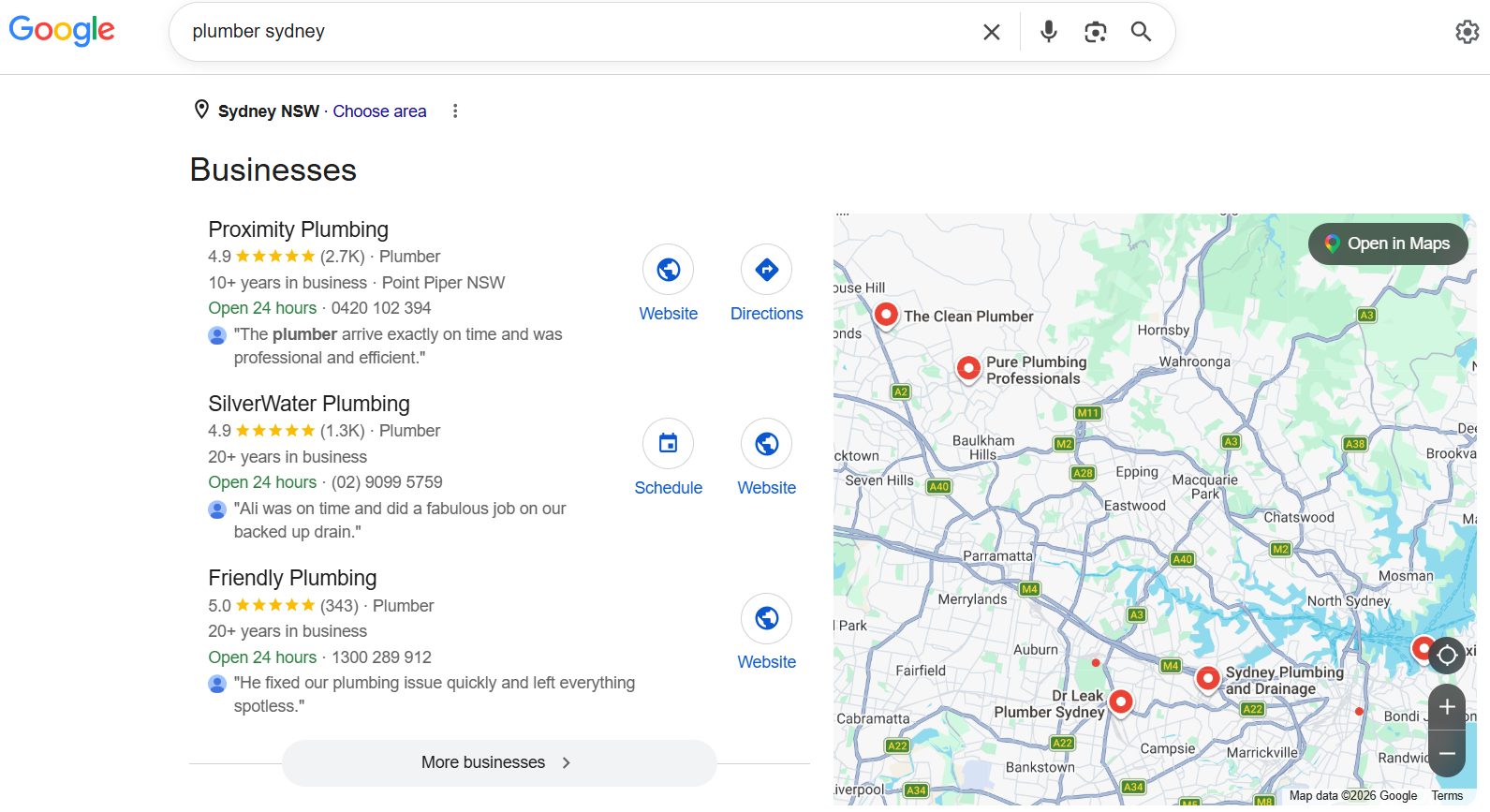 Google map pack for plumber sydney showing three local plumbers with review counts on a map of Sydney