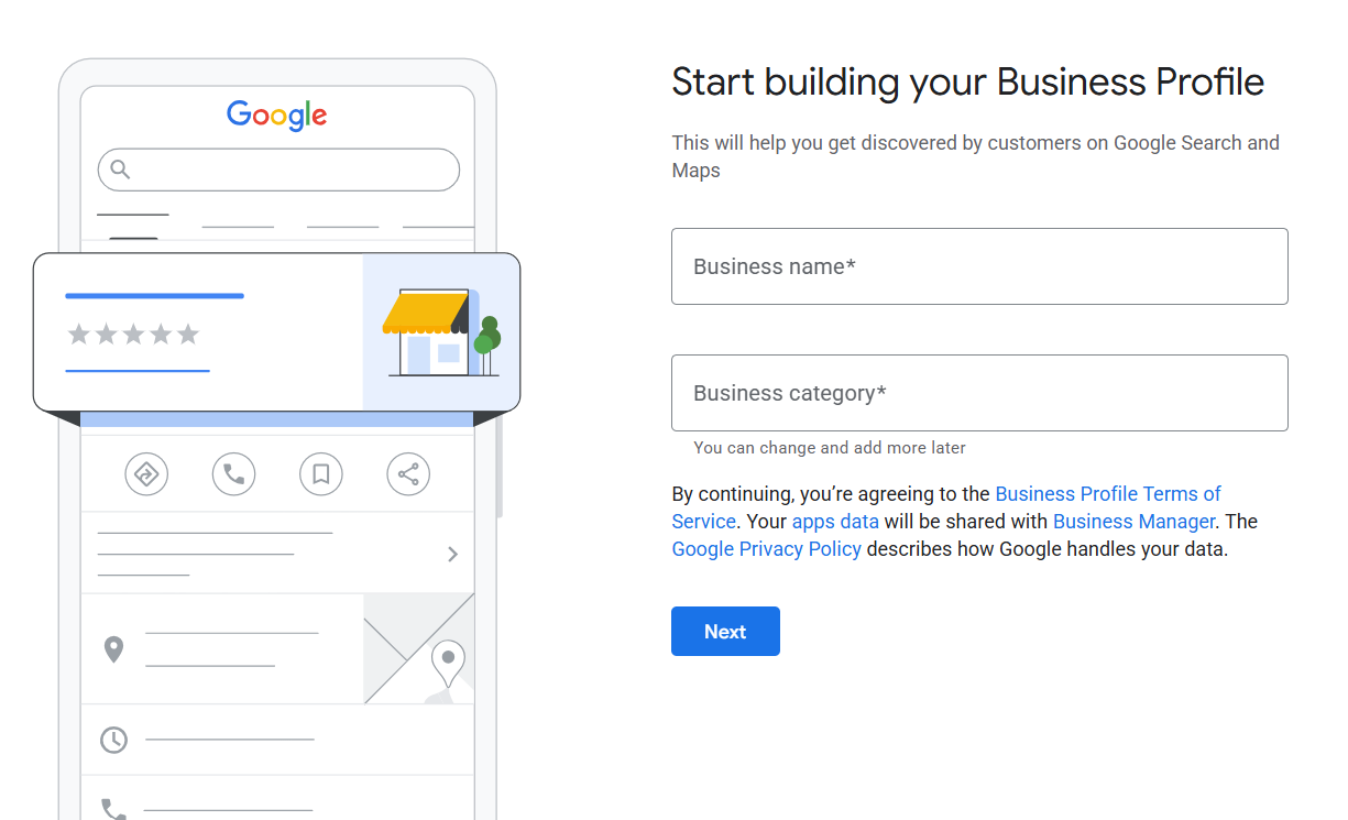 Google Business Profile setup screen asking for business name and business category