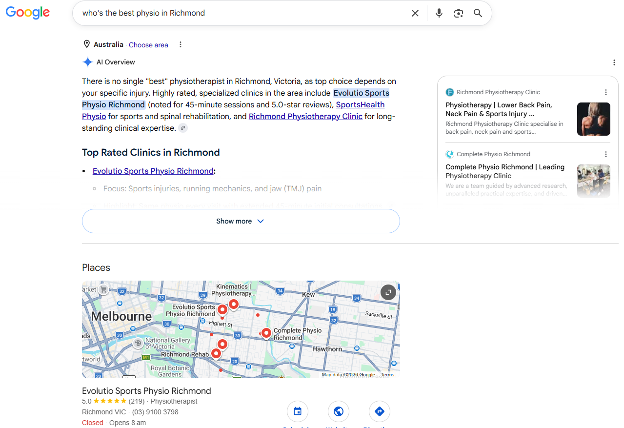 Google AI Overview naming the best physiotherapists in Richmond, Melbourne