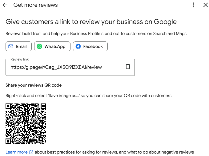 The Get more reviews screen in Google Business Profile showing the direct review link and a shareable QR code