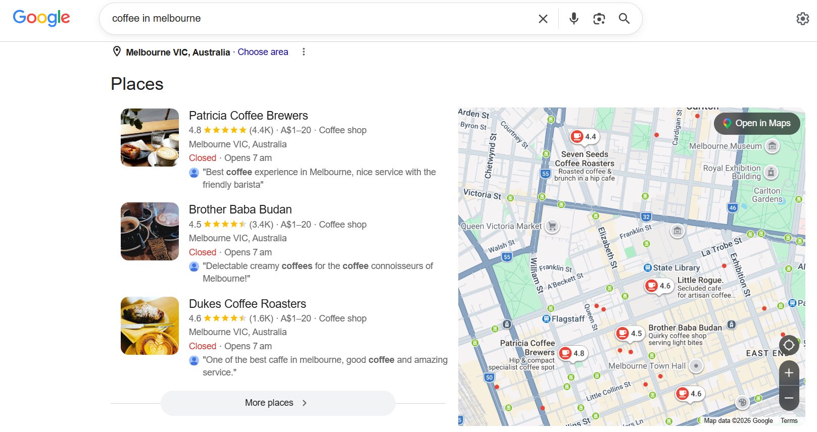Google's local results and map for coffee in Melbourne, showing the cafés Google recommends first
