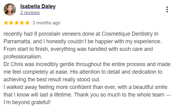 A real Google review for a Parramatta dental clinic mentioning porcelain veneers, showing how customers naturally include the service and suburb as keywords