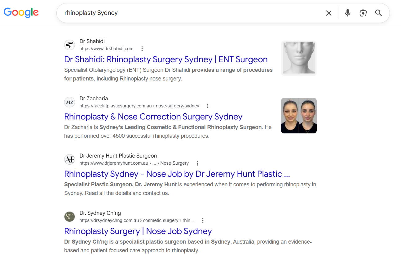 Google results for rhinoplasty Sydney showing the top-ranking specialist pages to reverse-engineer for a competitor analysis
