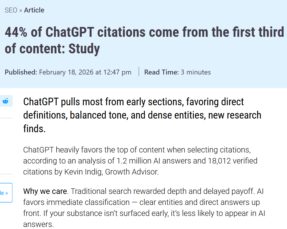 Search Engine Land study finding 44% of ChatGPT citations come from the first third of a page