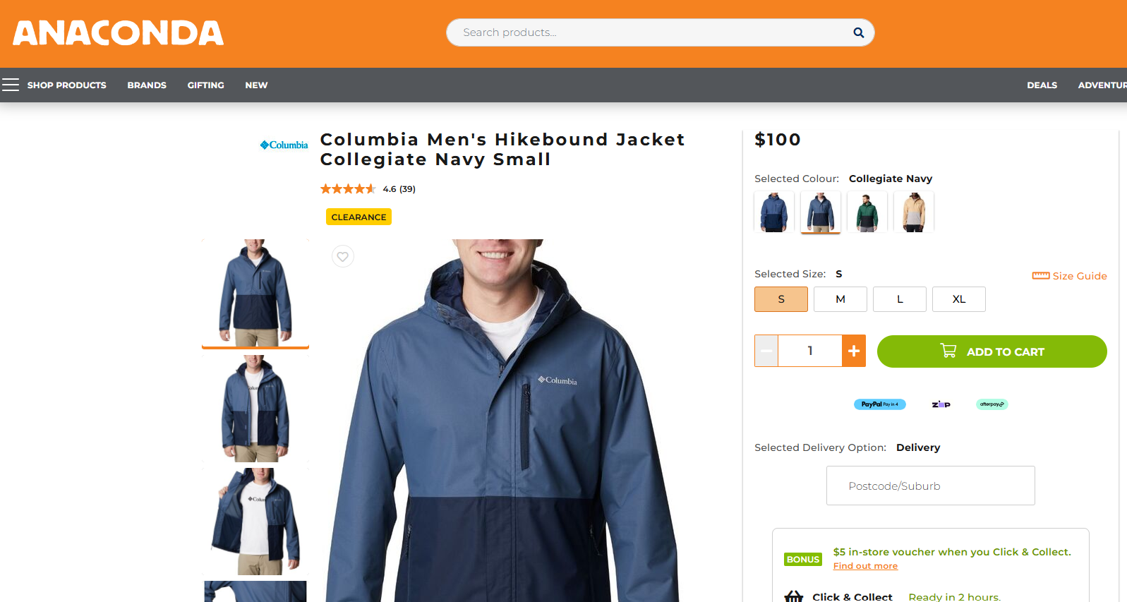 A well-optimised Australian product page — Anaconda's Columbia men's hiking jacket — with a clear title, star rating, price and colour/size variants