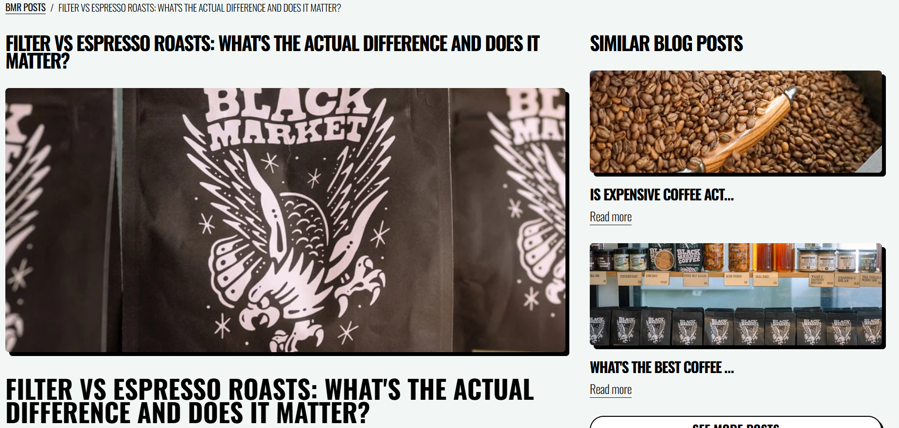 An Australian coffee retailer's blog post, 'Filter vs Espresso Roasts', with a Similar Blog Posts sidebar linking to related articles — internal linking in action