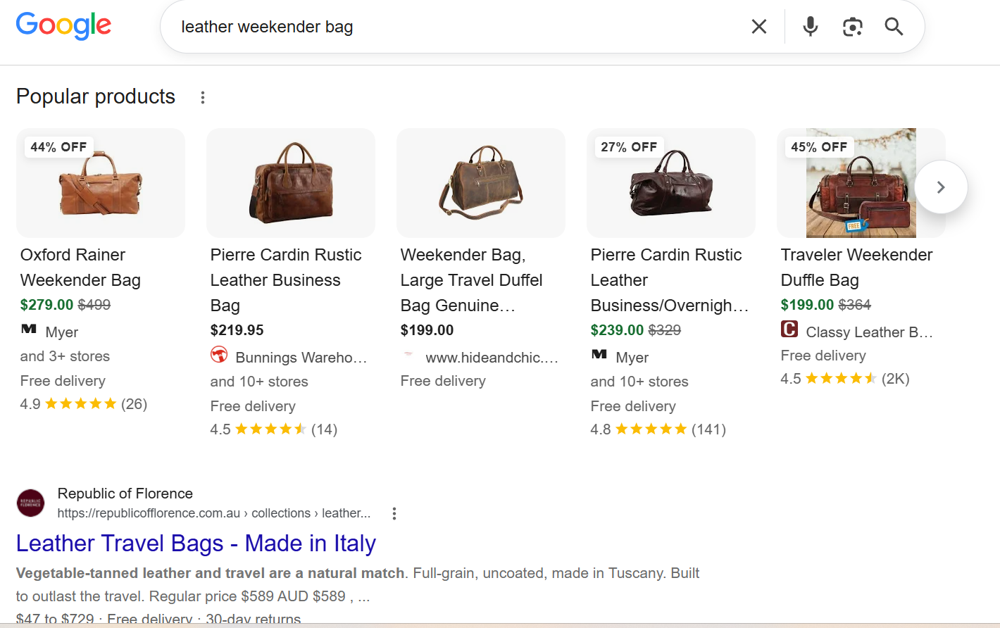 Google results for 'leather weekender bag' — an optimised store's product listings showing up with images, prices and star ratings